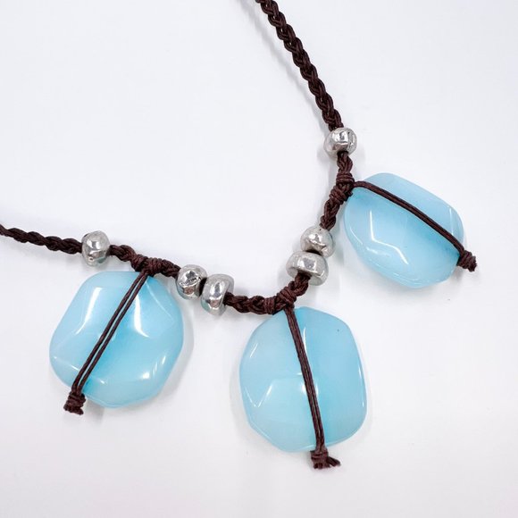 BOHO Vibes Baby Blue Dyed Quarts Braided Brown Cord 18” Necklace - Picture 7 of 7
